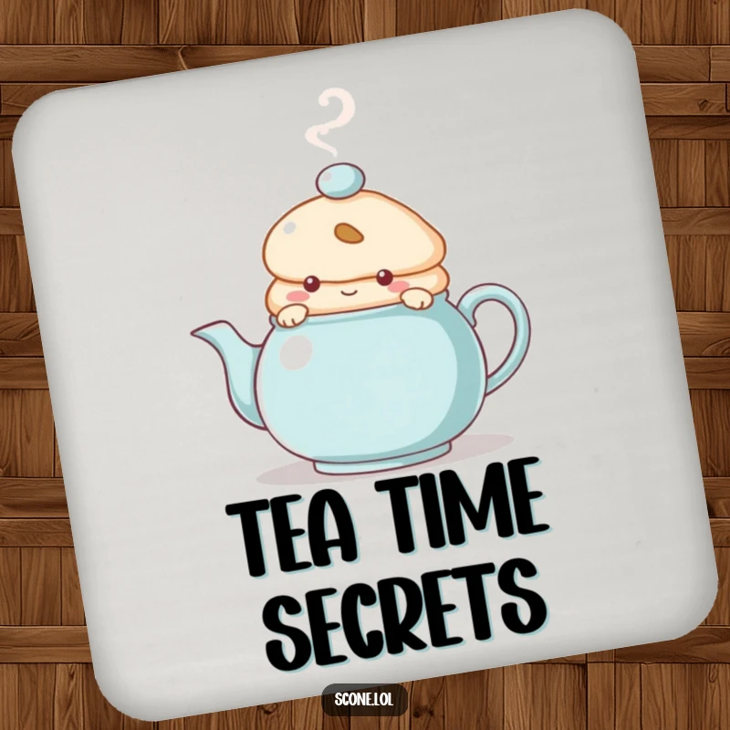 Funny Drink Coaster showcasing a scone character peeking from behind a steaming teapot, adding a touch of baked mystery to any table.