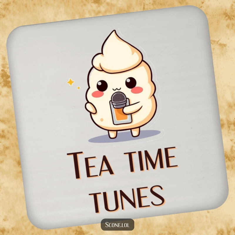 Funny coaster featuring a scone character holding a teabag microphone, adding musical flair to your table.