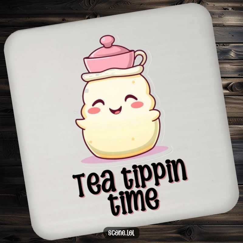 Funny drink coasters featuring a scone character wearing a tiny teacup as a hat, grinning, adding tea party charm.