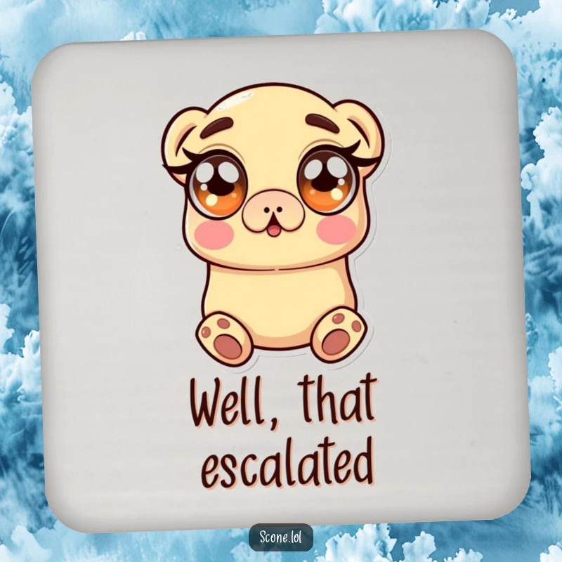 Funny Drink Coaster showcasing a scone character with wide, surprised eyes, adding a touch of baked astonishment to any table.