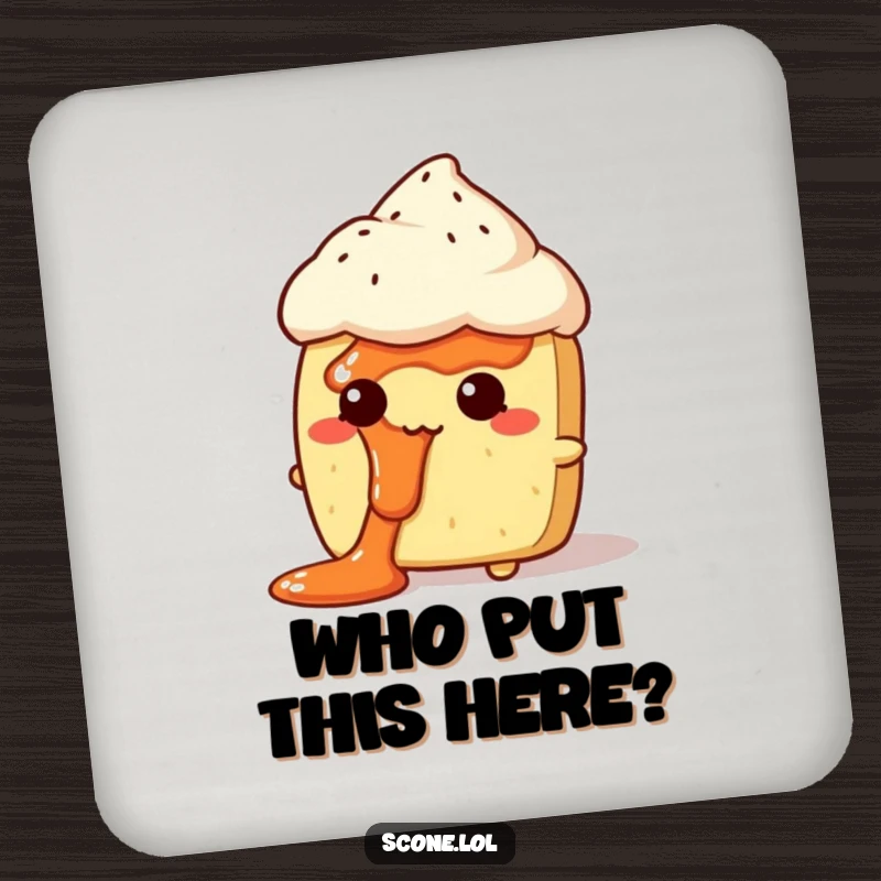 Funny Jam Face Scone Drink Coaster: A small coaster showcasing a scone character looking comically bewildered, with jam on its face.