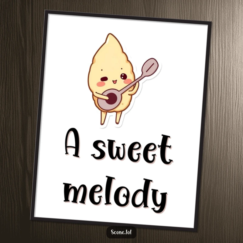 Funny poster of a scone character playing a miniature spoon like a musical instrument, creating a whimsical and harmonious atmosphere.