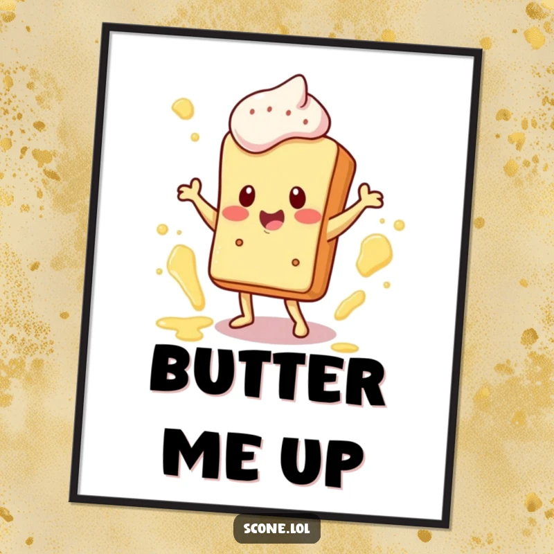Funny Poster Print: A happy scone character dances joyfully amidst flying butter splatters, a cheerful and humorous artwork.