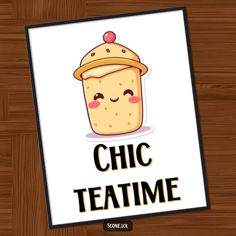 Smiling scone character wearing a small tea hat, looking refined and humorous in this art poster.