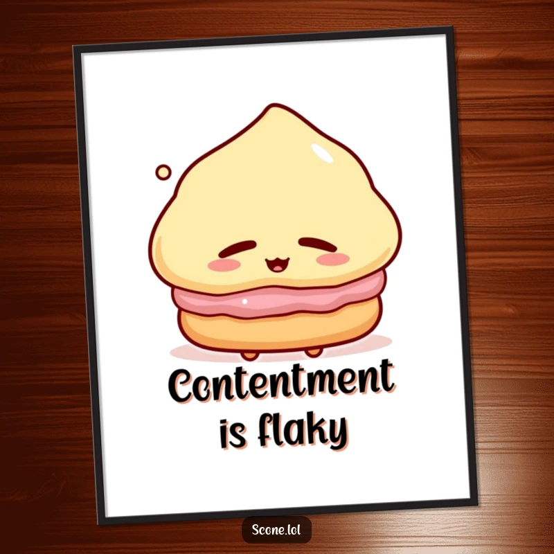 Funny Poster depicting a scone character sighing contentedly, capturing a moment of sweet, baked serenity and happiness.