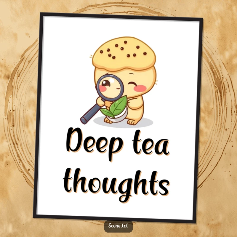 Funny poster of a scone meticulously examining a tea leaf with a magnifying glass, perfect for detective-themed decor.