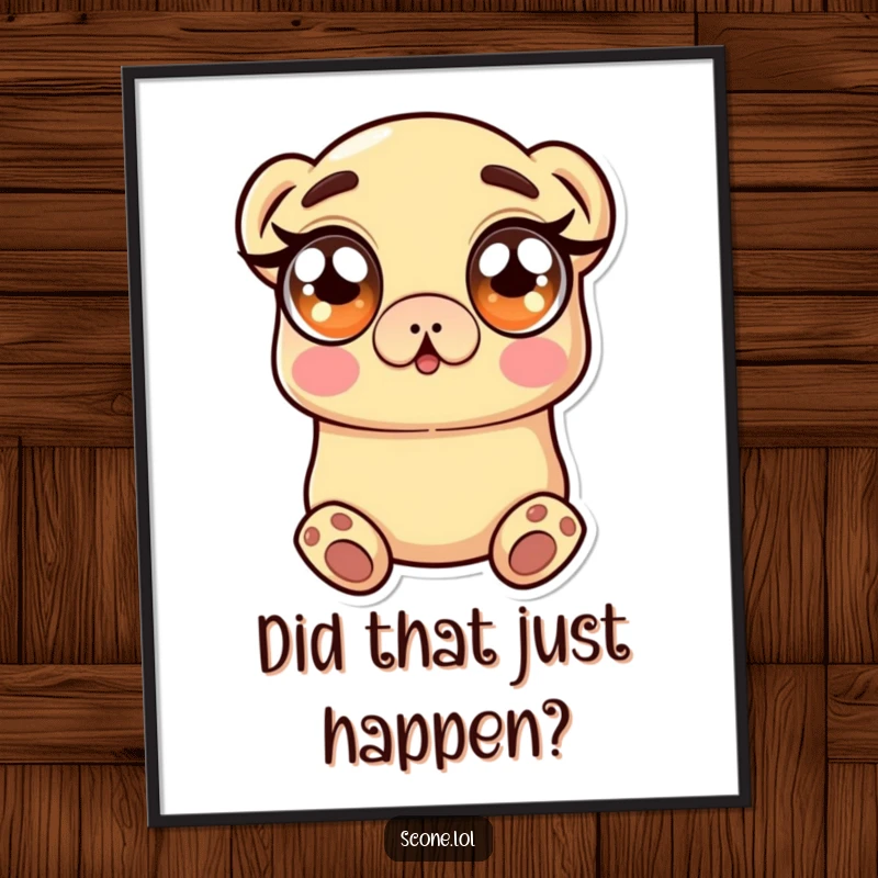 Funny Poster of a scone character with wide, sugary eyes expressing pure surprise and amazement, adding humor to decor.