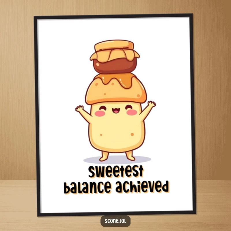 Funny poster of a scone character balancing a jar of jam on its head, showcasing a humorous and impressive feat of coordination.