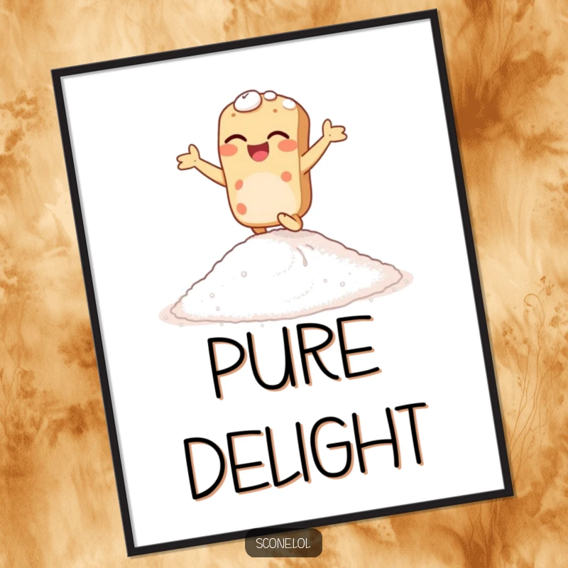 Funny giggling scone poster art, showing a scone hopping with abandon on a pile of sugar, cheerful and humorous.