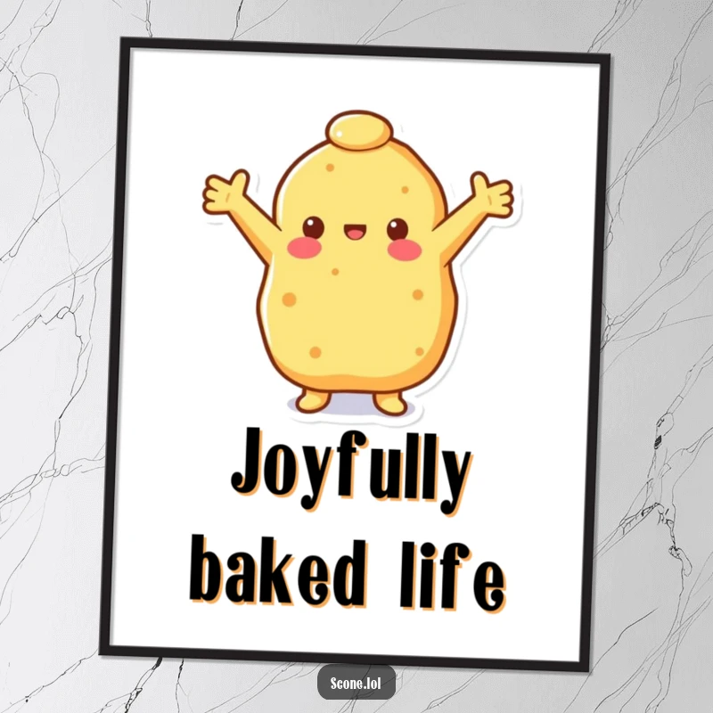 Funny happy scone poster featuring a scone with open arms, radiating happiness and warmth, perfect for cheerful wall art.
