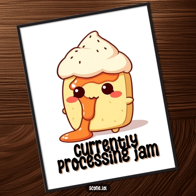 Funny Jam Face Scone Poster: An artful display of a scone character looking comically bewildered, adorned with jam.