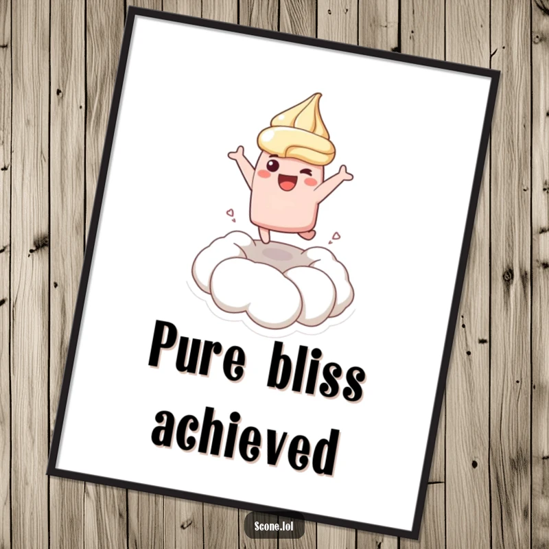 Funny poster of a scone character joyfully leaping into a fluffy dollop of cream, conveying pure excitement and delight.