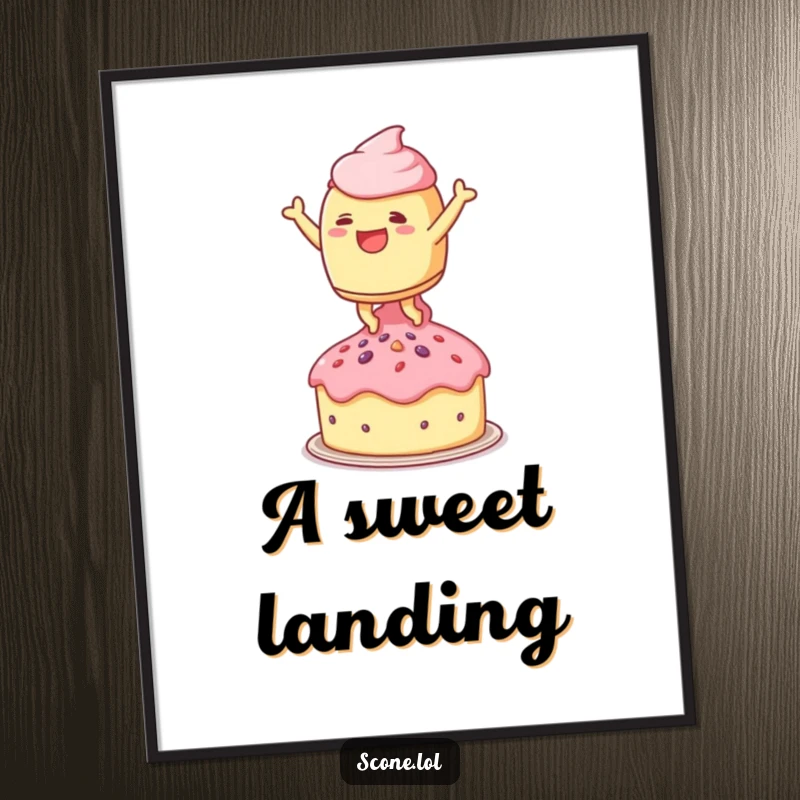 Funny poster of a scone character leaping joyfully onto a tiny teacake, celebrating sweet indulgence and baked good fun.