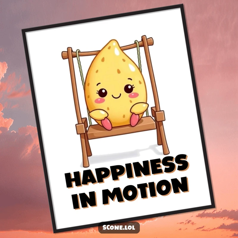 Funny Scone Art Print: A happy scone character is shown swinging with delight, bringing carefree cheer to decor. Funny gift.