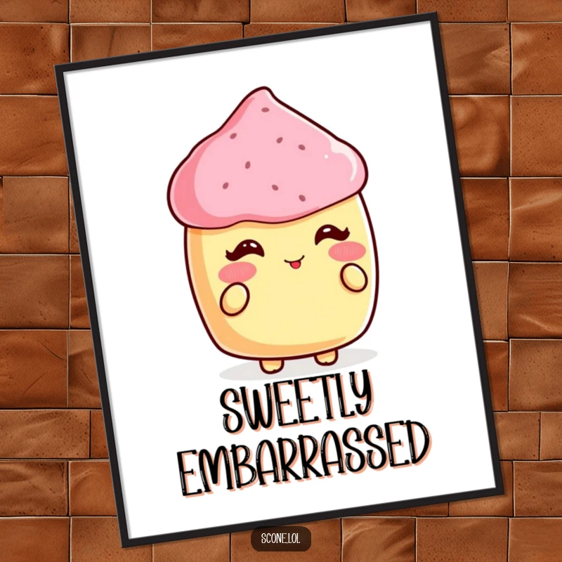 Funny poster featuring a scone blushing with happiness upon receiving a compliment, adding warmth to any room.