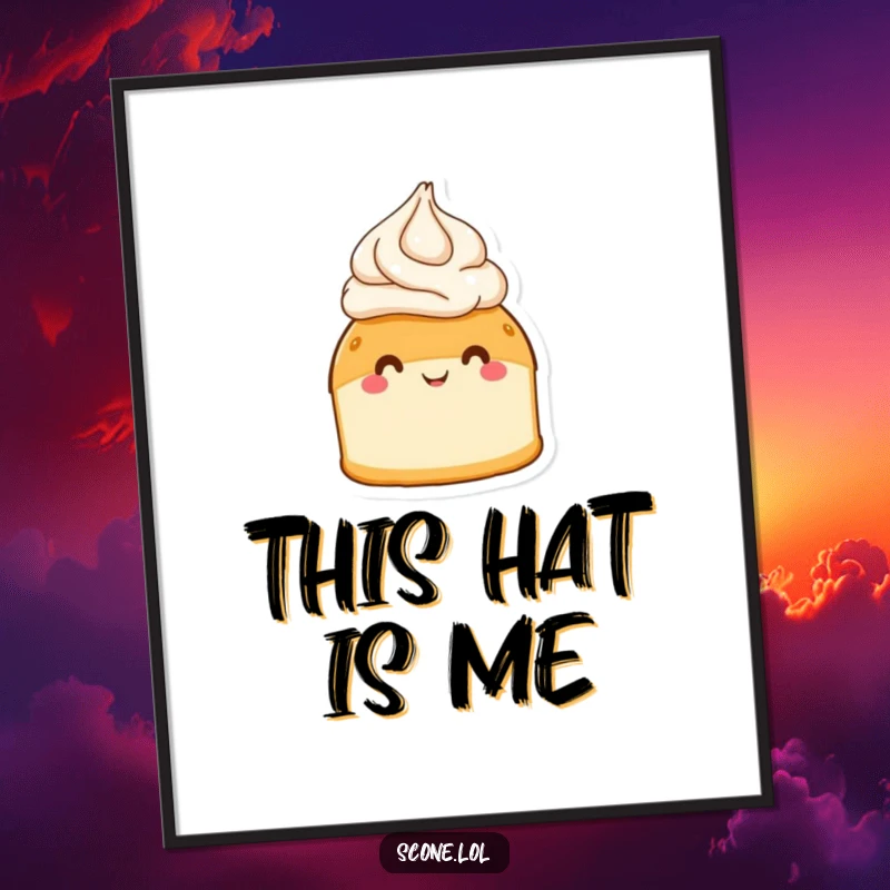 Funny scone wearing a cream hat and beaming with delight, presented as a vibrant poster for wall decoration.