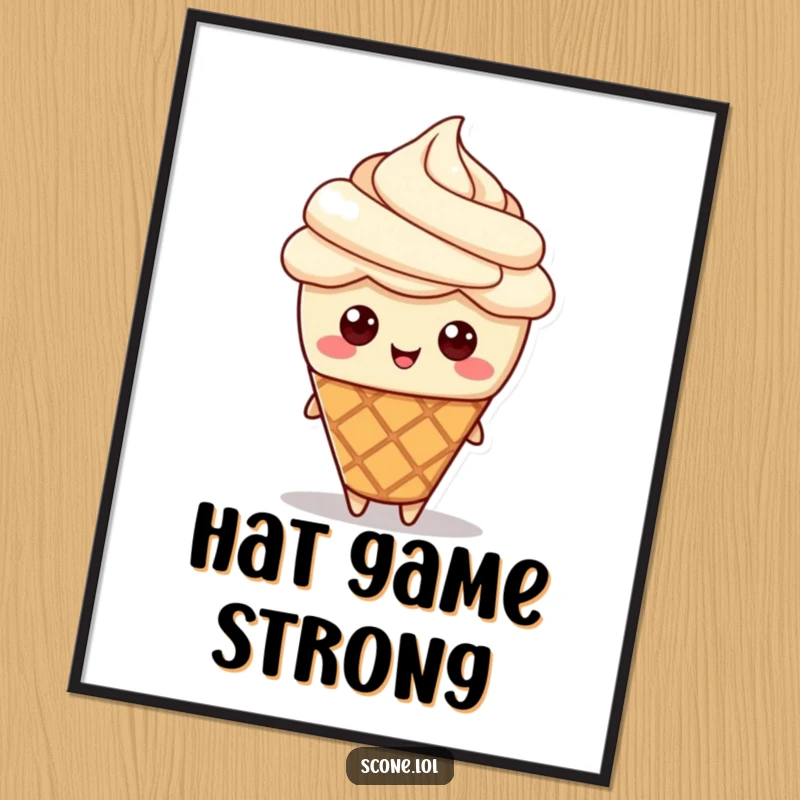 Funny poster of a scone character wearing a dollop of cream like a fancy hat, showcasing cute pastry art.