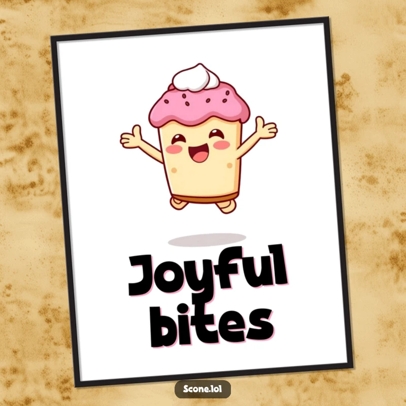 Happy scone character leaping joyfully, holding a dollop of cream, featured in a funny art poster.