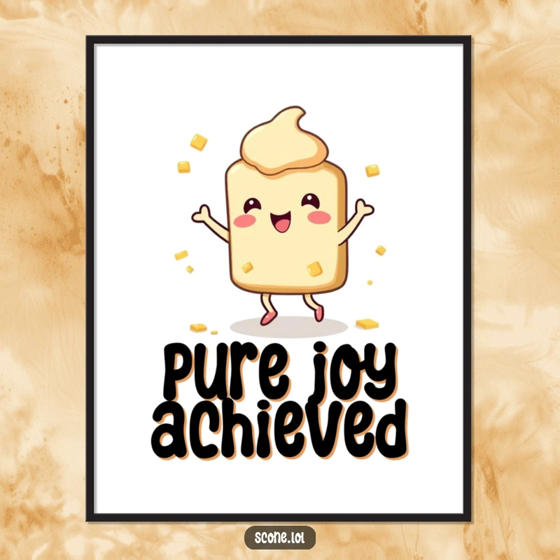 Funny Scone Poster: Humorous art depicting a happy scone character dancing enthusiastically amidst butter splatters.