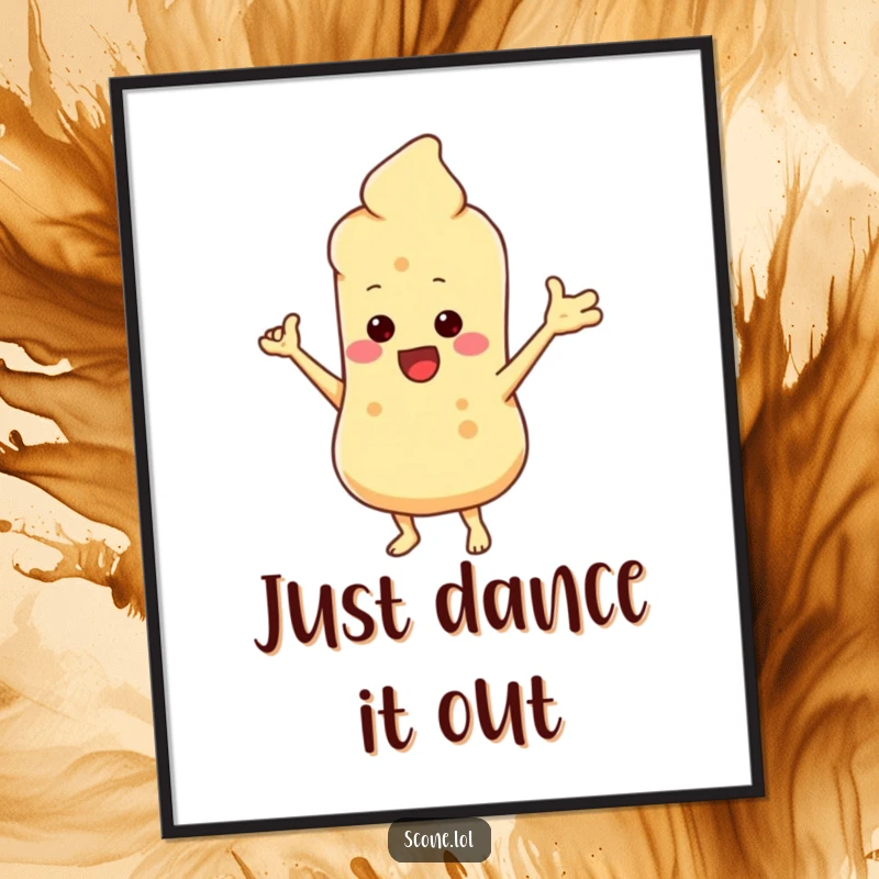 Funny poster featuring a scone character with outstretched arms captured in a hilarious, silly dance. Lively and humorous wall decor.