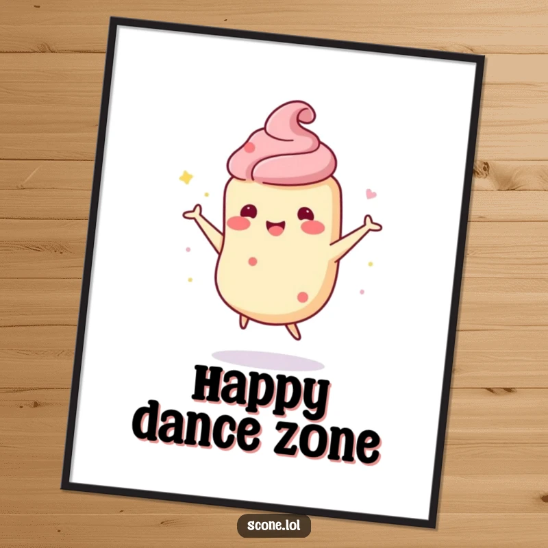 Funny scone character poster capturing a scone's joyful, wobbly happy dance, adding a dose of pure fun to any room.