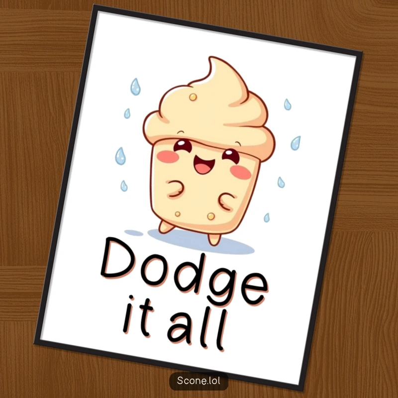 Funny scone character poster, captured mid-dash, playfully dodging raindrops with an enormous, happy grin, radiating pure delight.