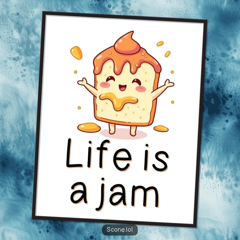 Funny Scone Jam Dance Poster: A scone performs a delightful jam dance, artfully displayed on a wall poster.