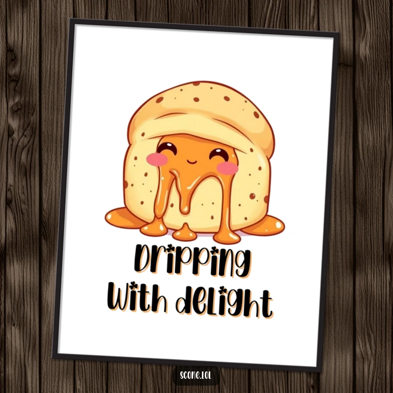 Funny scone with jam dripping, looking delighted with itself on a poster, celebrating deliciousness.