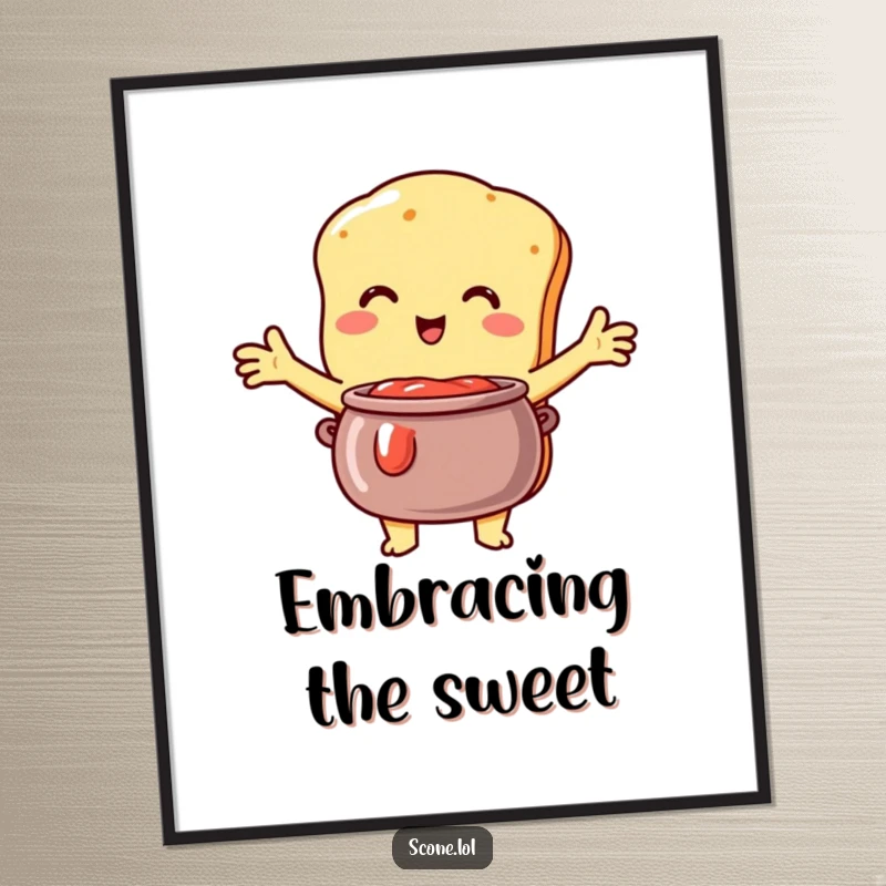 Funny Scone Poster: Humorous art showing a scone character with open arms, lovingly embracing a pot of jam.