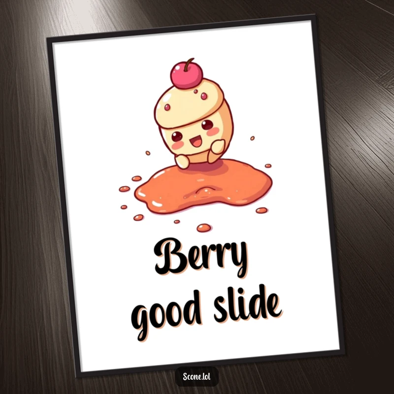 Funny poster capturing a scone character dramatically sliding across a jam puddle, showcasing dynamic and humorous food art.