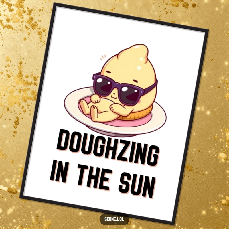 Funny scone character with tiny sunglasses relaxing on a plate, a vibrant poster that captures baked good humor and pure chill.