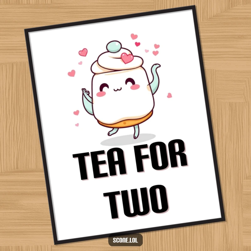 Funny scone poster art, depicting a scone with heart eyes dancing with a swirling teapot, ideal for romantic, humorous decor.