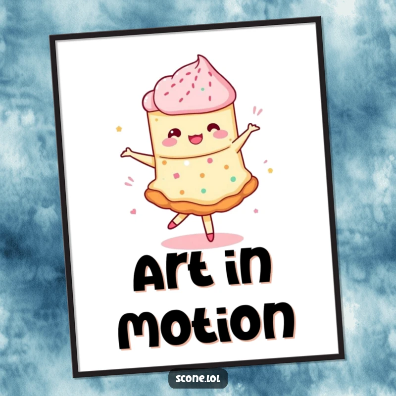 Funny poster of a scone performing a whimsical pirouette with swirling jam, perfect for delightful and humorous decor.