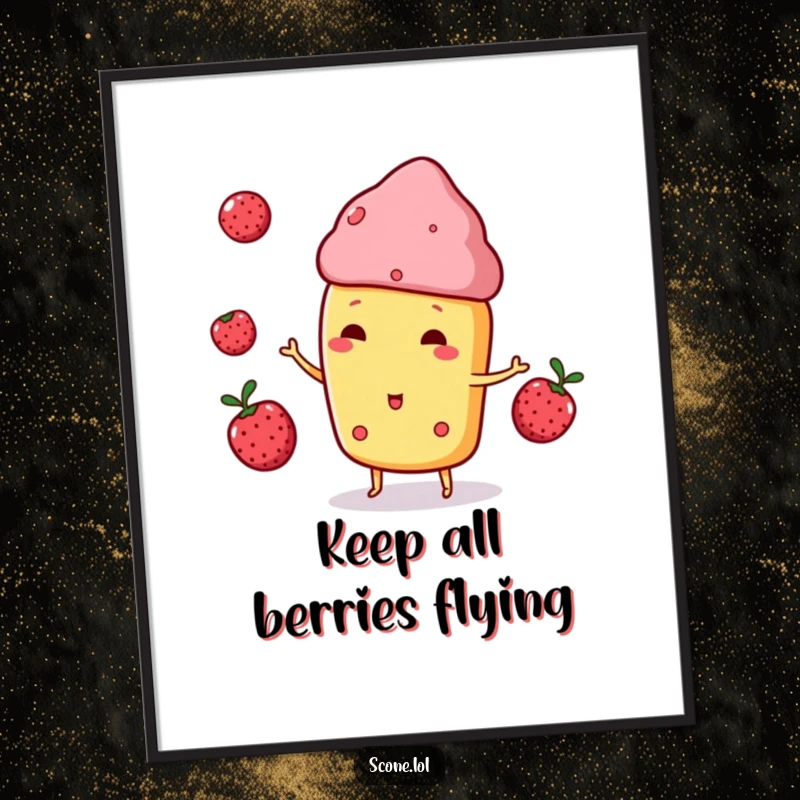 Funny Scone Character Poster, playfully juggling three small berries, a delightful and charming piece of art.