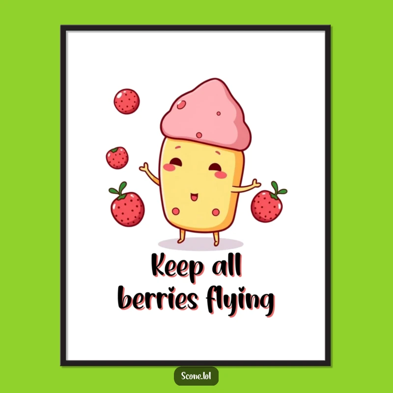 Funny Scone Poster - Juggling Berries Art - Playful Wall Decor Gift