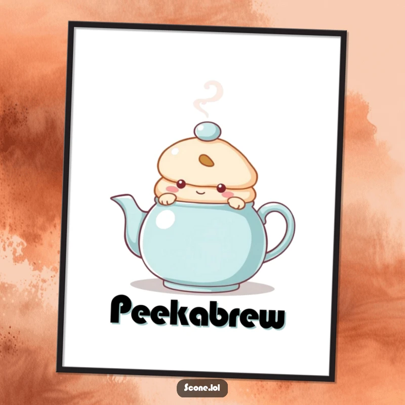Funny Poster of a scone character peeking from behind a steaming teapot, embodying playful hide-and-seek and cozy tea moments.