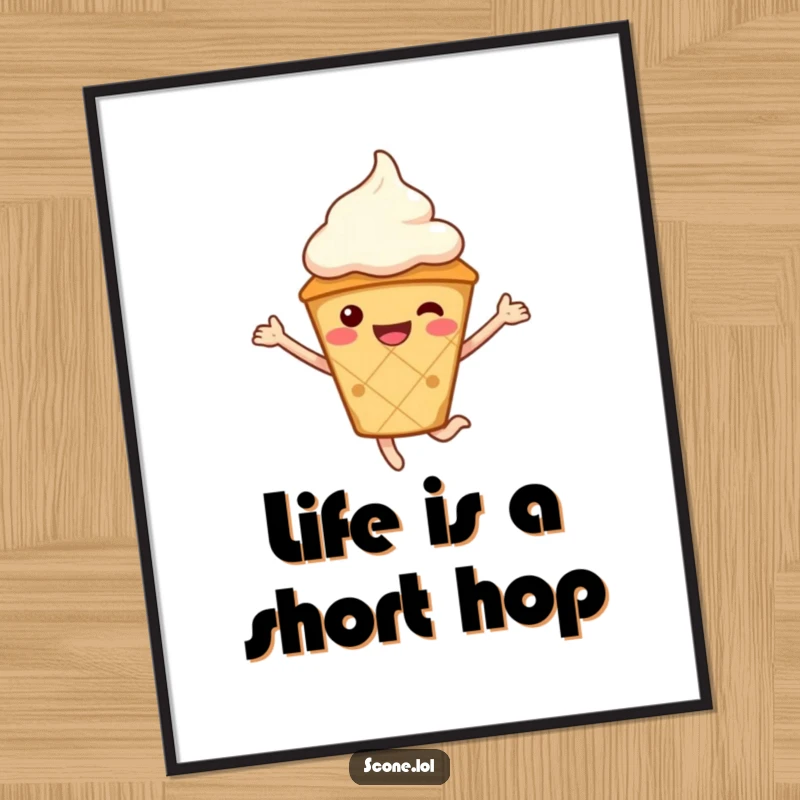 Funny Scone Character Poster, wearing a cream hat, frozen in a happy jump, a burst of delicious art.