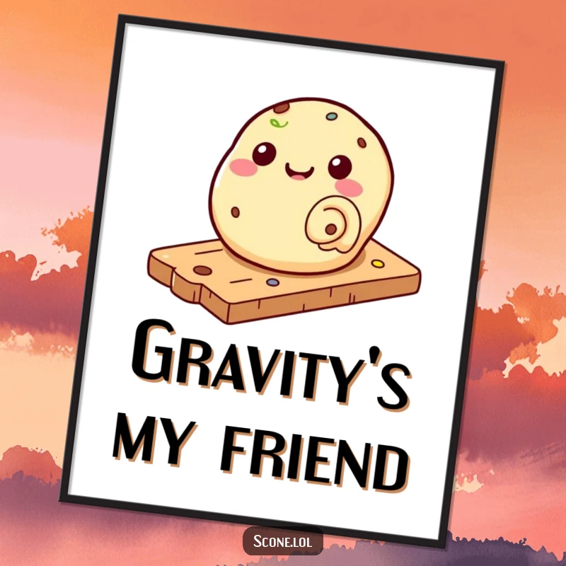 Funny poster showcasing a scone hilariously rolling down a pastry board, perfect for adding whimsical baking art.