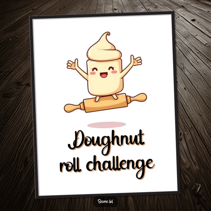 Funny poster print of a scone character comically losing its balance on a rolling pin, arms flailing dramatically for comedic effect.