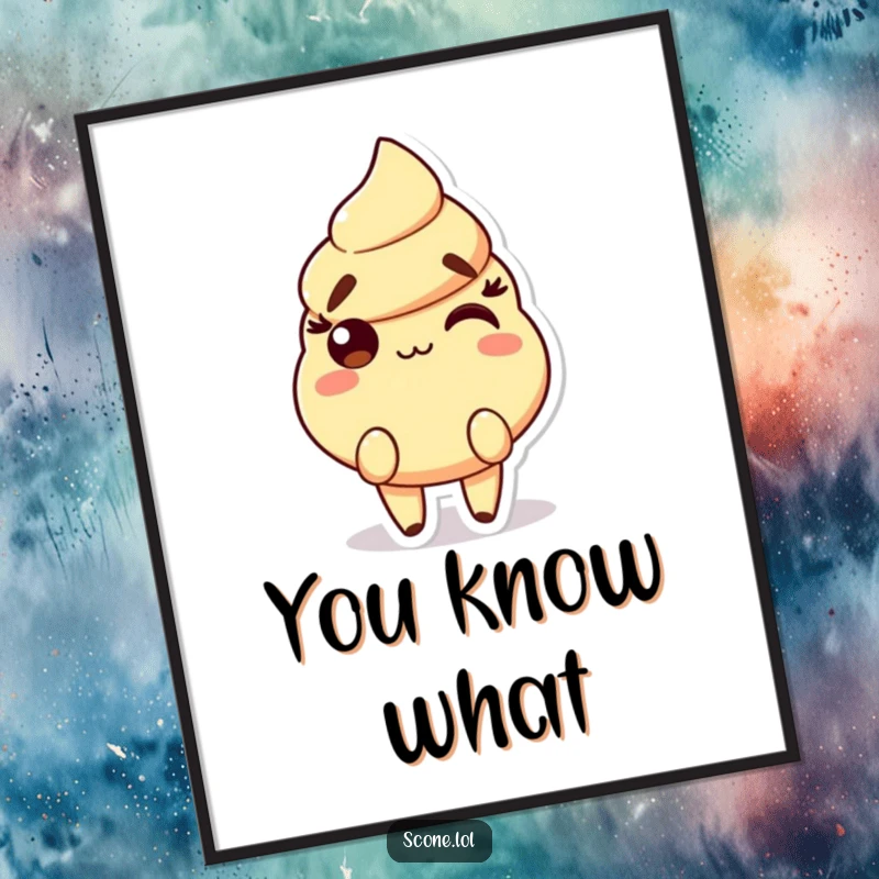 Funny Scone Poster featuring a character with raised eyebrows and a playful smirk, adding cheeky baked good humor to walls.