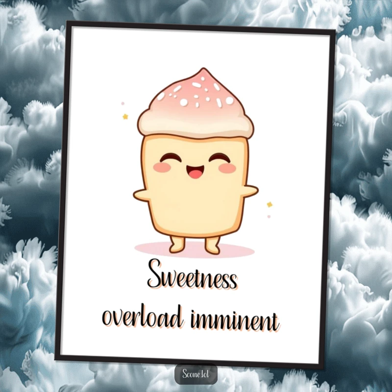 Funny Scone Sugar Rush Poster: An artful display of a scone character beaming with delight, surrounded by flying powdered sugar.