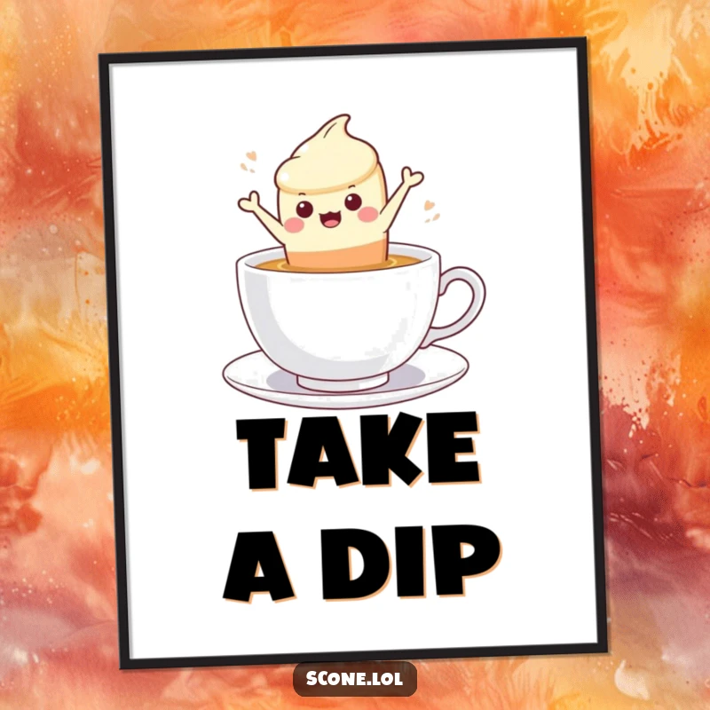 Funny scone character leaping into a steaming cup of tea, as humorous and appealing wall art.
