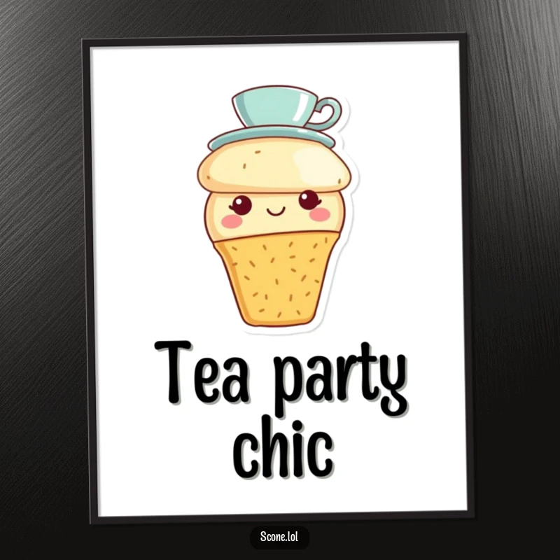 Funny scone character wearing a tiny teacup hat and smiling, featured as charming wall art, adding delight to any space.