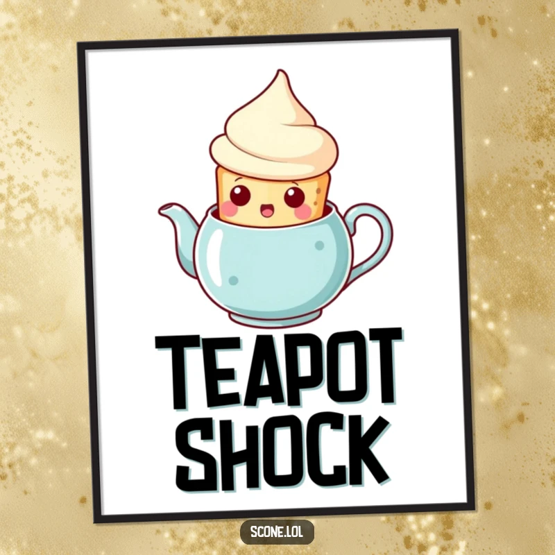 Funny scone teapot surprise poster, a scone popping out of a teapot with a shocked face, a humorous and charming wall art.