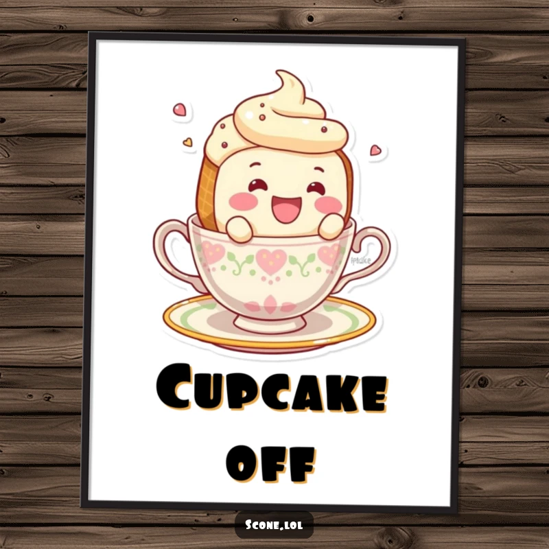 Funny illustration of a smiling scone character hilariously falling off the side of a teacup on a wall poster.