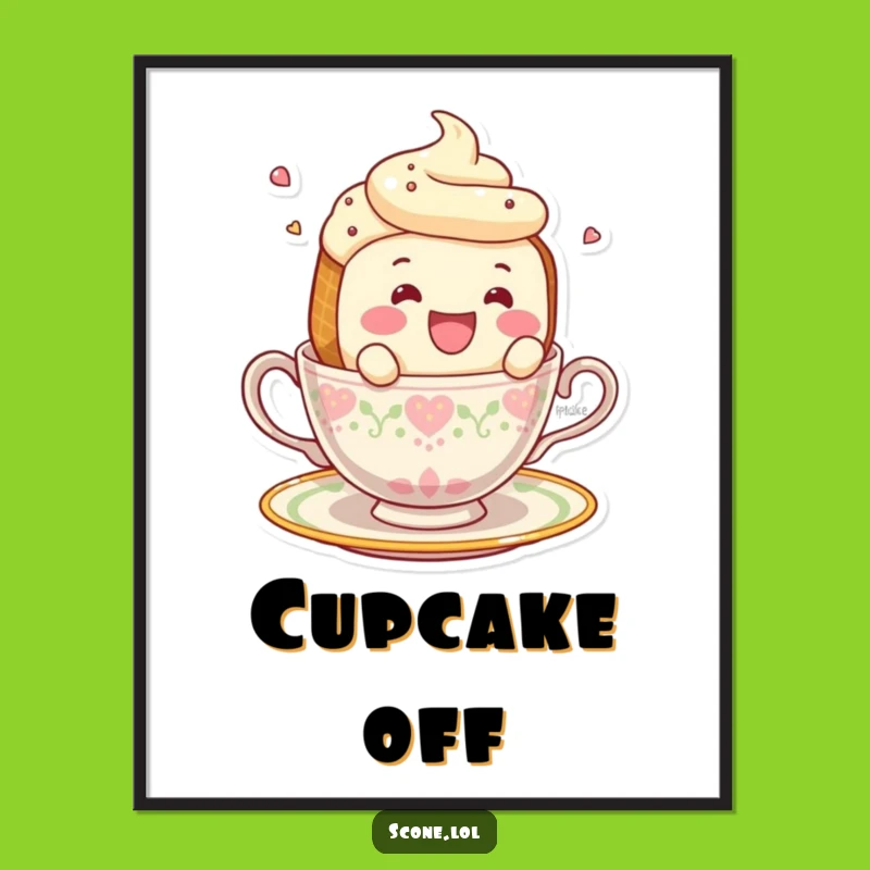 Funny Smiling Scone Falling Teacup Poster - Whimsical Tea Art