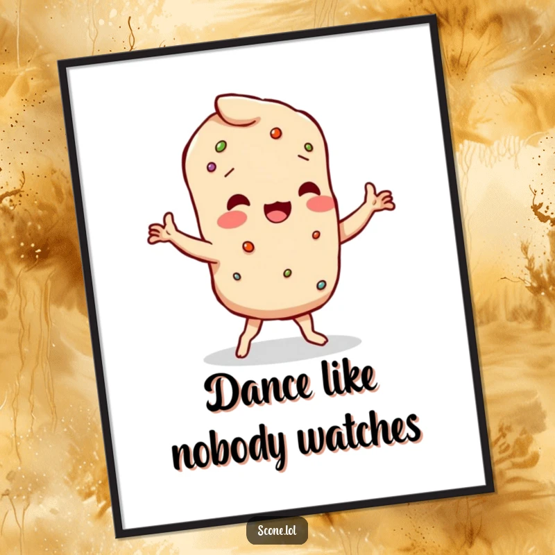 Funny scone character doing a joyful wobbly dance with crumbly limbs, as humorous wall art.