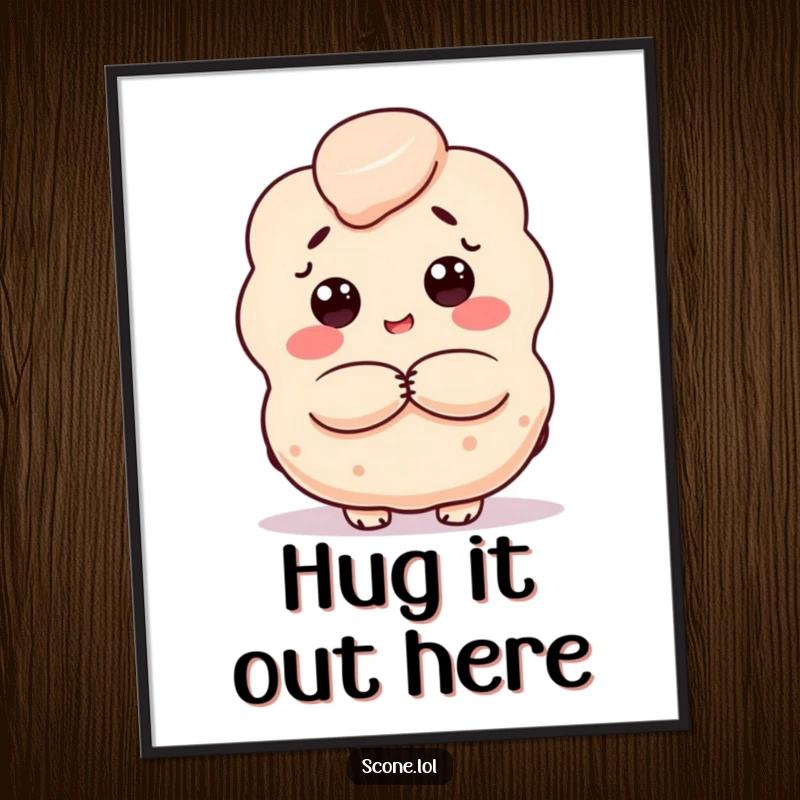 Funny scone poster, a baked good character giving a warm hug, bringing a comforting and humorous vibe.