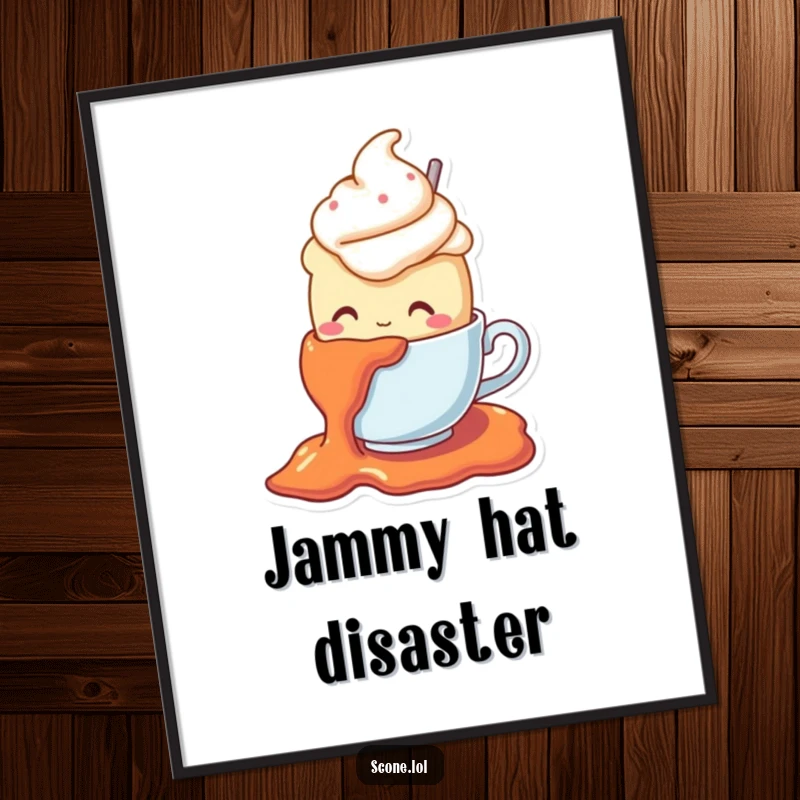 Funny poster of a scone character in a teacup hat comically sliding on a puddle of jam, exuding surprised amusement.