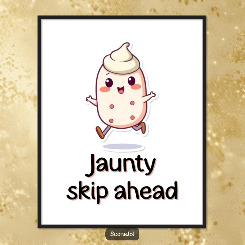 Funny scone character poster capturing a scone's joyful, jaunty skip, adding a dose of happiness to any wall.